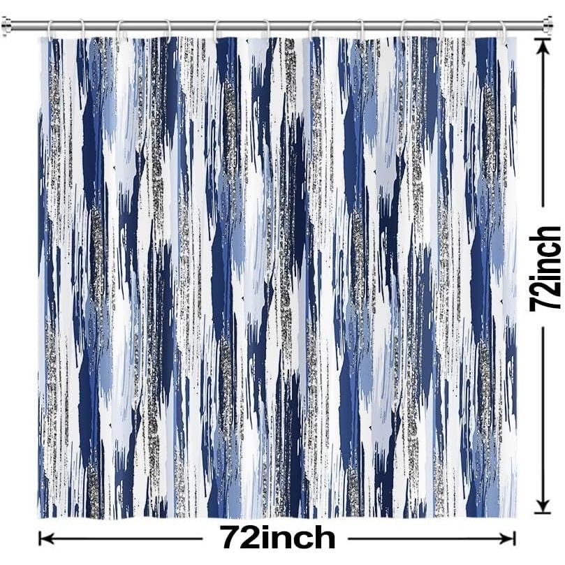 Navy Blue Shower Curtain, Modern Abstract Ombre Navy Blue and Silver Shower Curtain Set with Hooks W