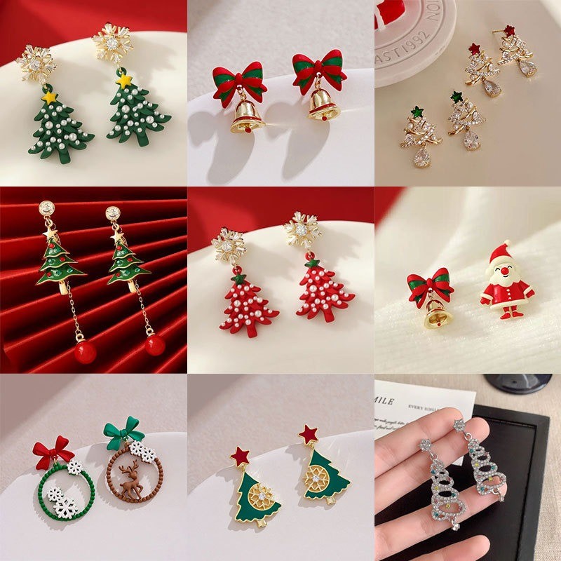 เข็มเงินเพชรสีเกล็ดหิมะต้นคริสต์มาส มุกฝอย แสงหรูหรา ต่างหูแฟชั่นใหม่ปี 2025