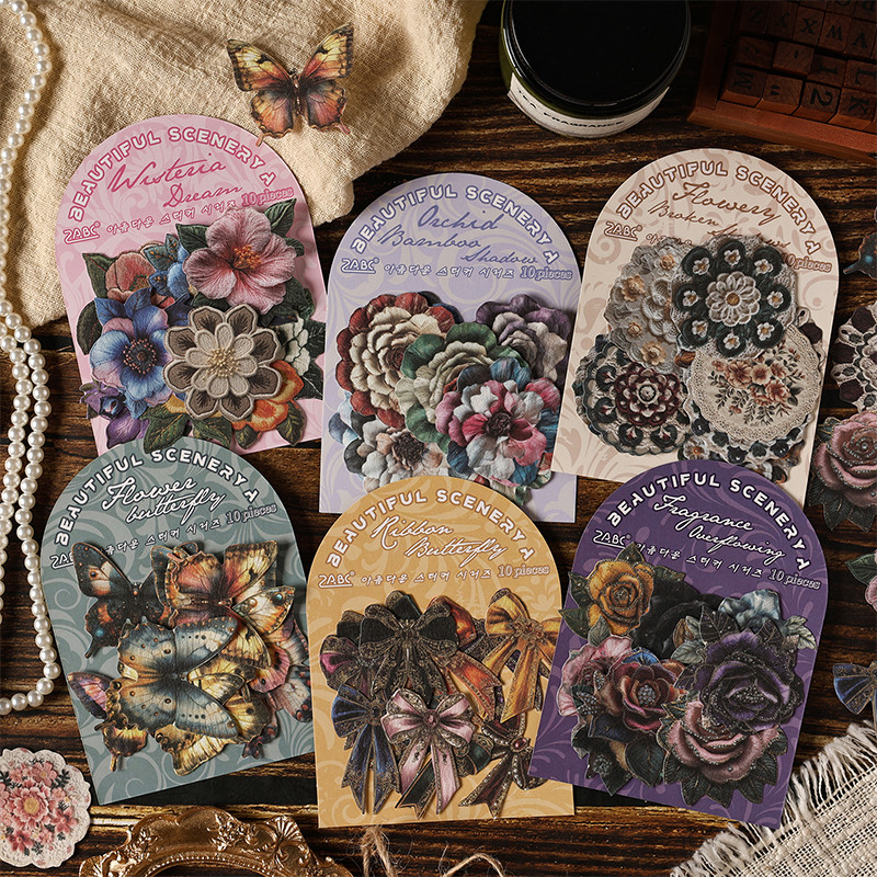 10 ชิ้น Vintage Splendid Picturesque Series ดอกไม้รูปแบบสติกเกอร์สมุดภาพ Deco DIY สติกเกอร์