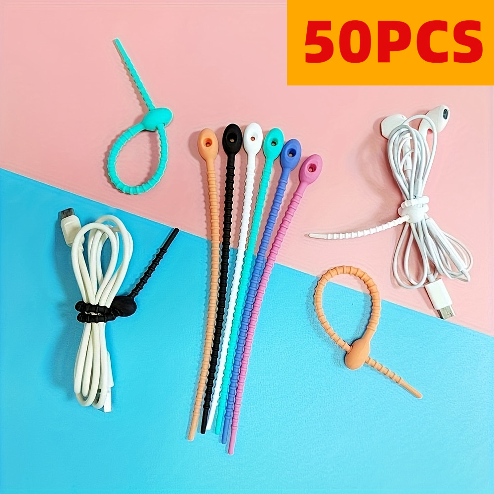 50ชิ้นสีสายรัดซิลิโคนนํามาใช้ใหม่สายเคเบิลข้อมูลผูกหดล็อคตัวเองออกแบบ ทําเอง การจัดเก็บการจัดชุด