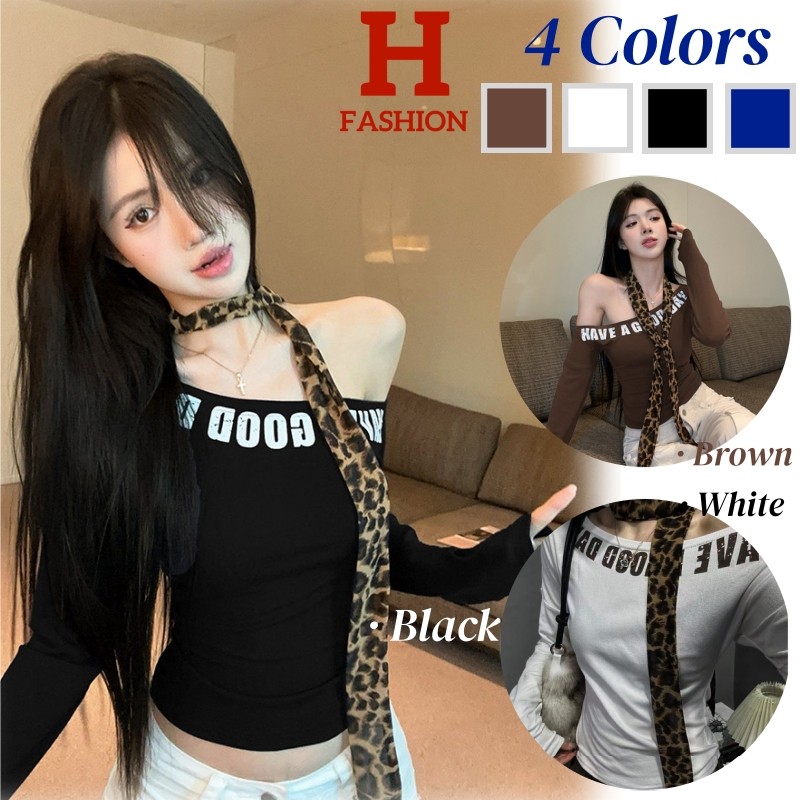 HOT'พร้อมส่ง' FY8718 เสื้อแขนยาว คาวาอี้ ดีเทลเปิดไหล่ แต่งสกีนตัวอักษร สีพื้นทรงรัดรูป