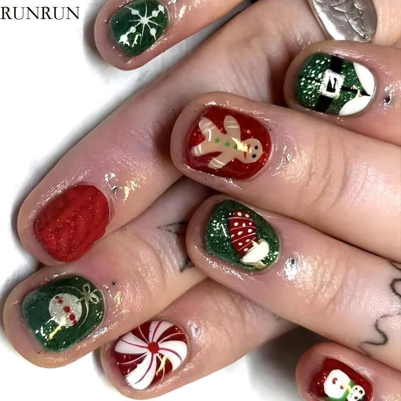 RUN 24x Short Round Full Cover เล็บปลอมคริสต์มาสแบบกดบนเล็บแบบแท่งบนเล็บ
