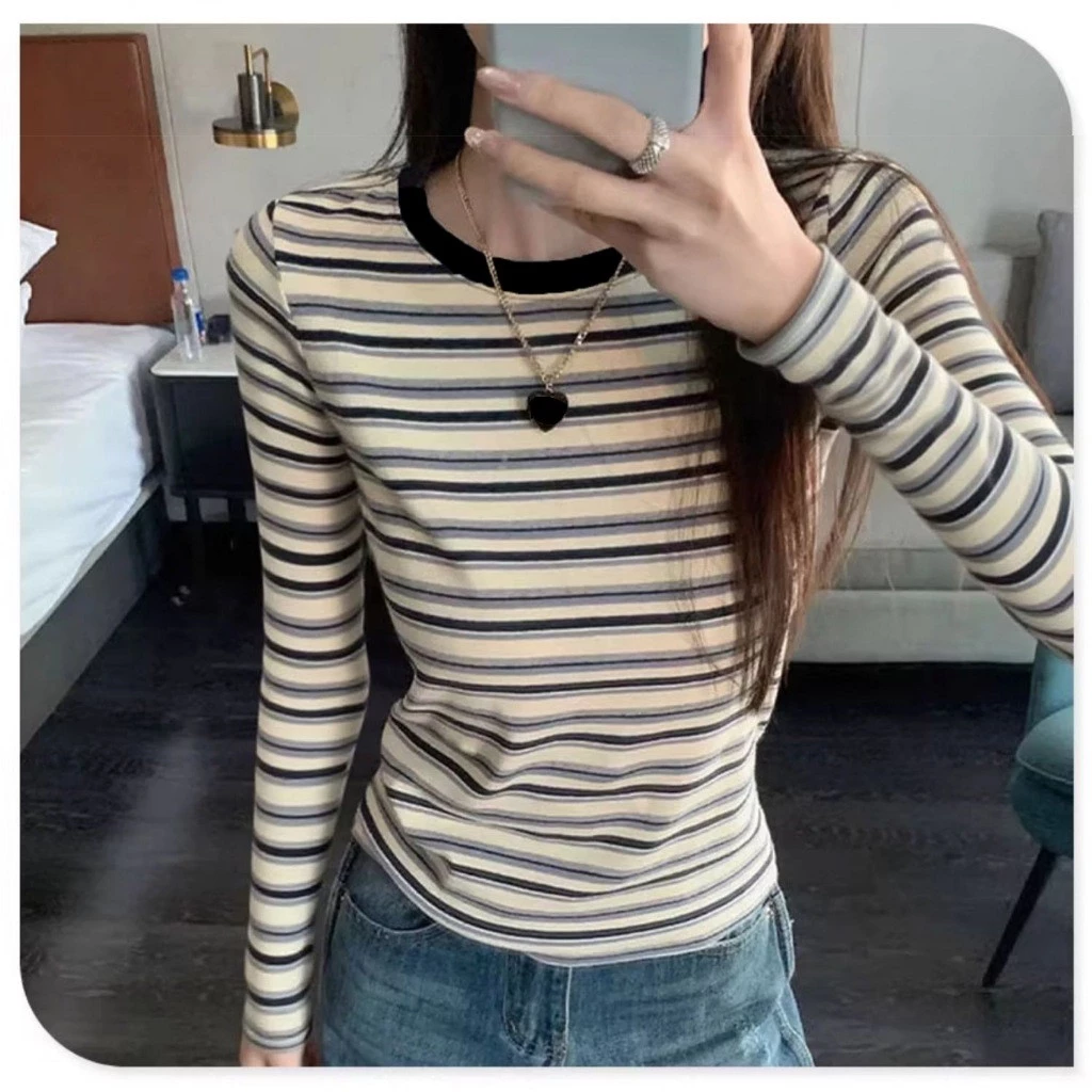FASHION.61 เสื้อยืดเเขนยาว ลายทาง เนื้อผ้าดีผ้ายืด ขนาด S-2XL อก 32-40 นิ้ว รุ่น W7807