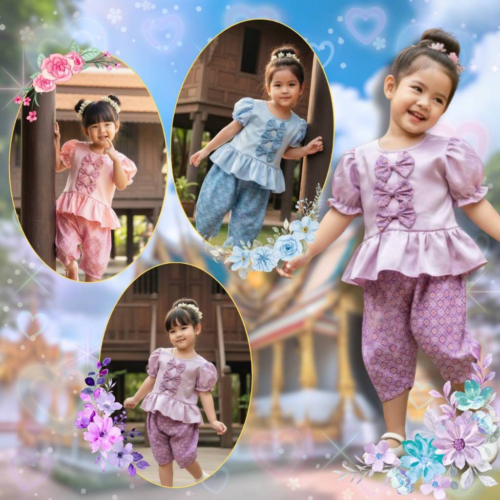 (T1001) ชุดไทยเด็กหญิง เสื้อแขนตุ๊กตา+โจงกระเบนลายไทย แต่งโบว์ น่ารักๆ ชุดไทยประยุกต์ ชุดไทยใส่ไปโรงเรียน