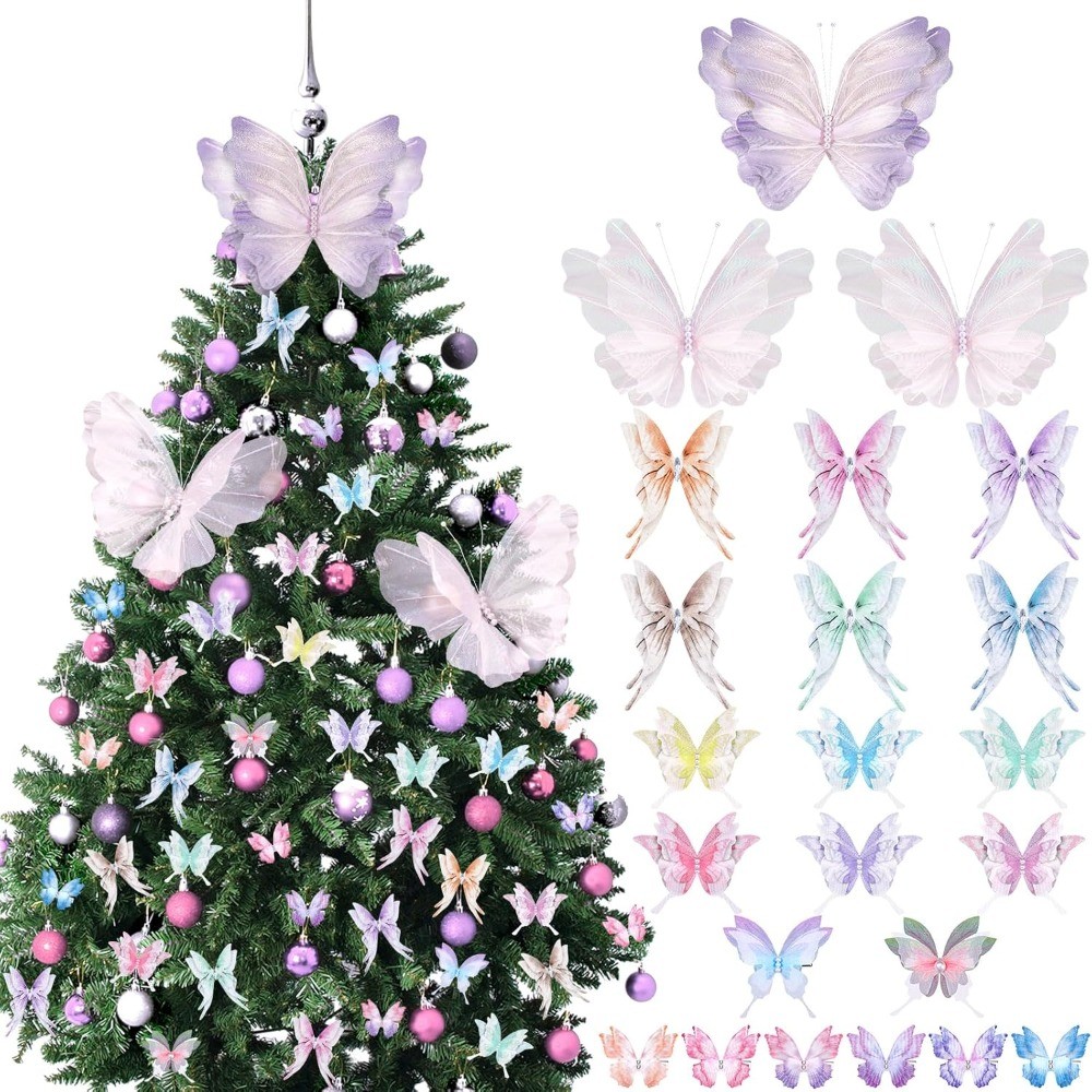 1/5/12/20Pcs Christmas Tree เครื่องประดับผีเสื้อตกแต่ง 3D สีชมพูสีม่วงจัมโบ้ผีเสื้อ Tree Topper Girly Fairy Butterflies แขวนเครื่องประดับสําหรับ Xmas Garland Home Party Decor