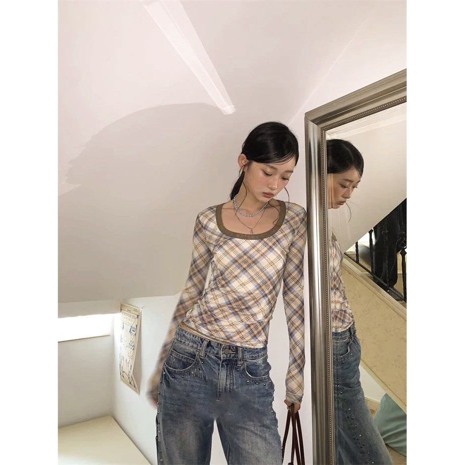 Shanmieleng Retro Street Hot Girl Contrast Color Plaid All-Match Base เสื้อยืดแขนยาวด้านบน