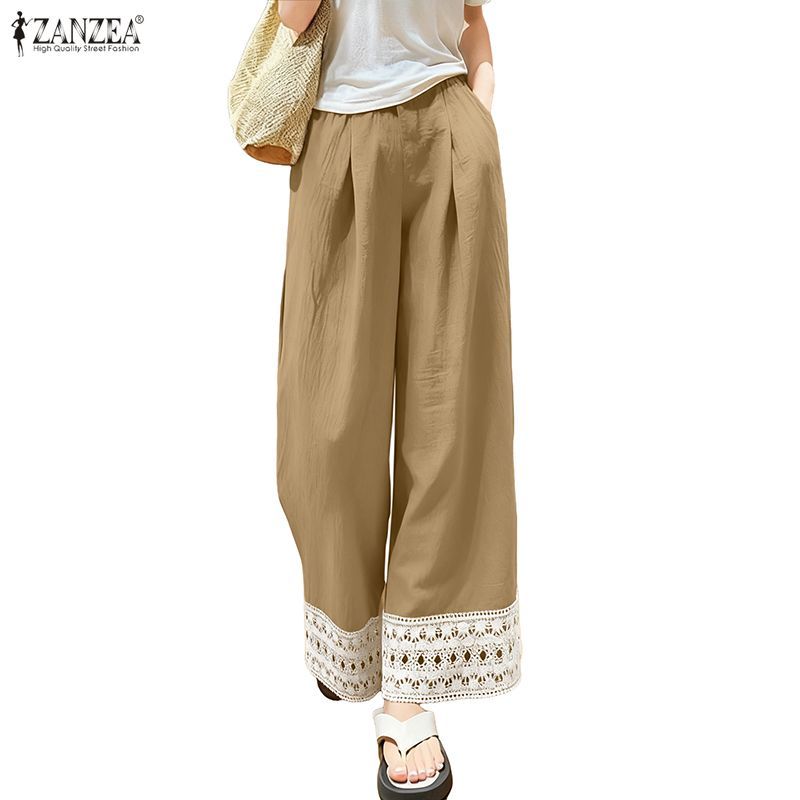ZANZEA ใส่ ซานเซีย ผู้หญิงเกาหลีแฟชั่นสีเย็บปะติดปะต่อกันลายจีบกระเป๋าออกแบบกางเกงขายาว