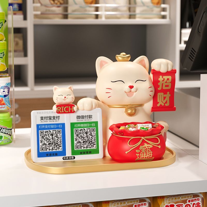 เครื่องประดับแมวนําโชคคอลเลกชันคิวอาร์รหัสลงทะเบียนเงินสดด้านหน้าโต๊ะฟอร์จูนแมวตกแต่งเปิดร้านใหม่ของ