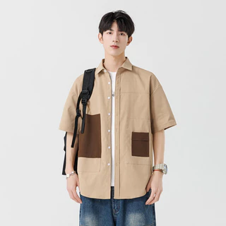 M-3XL เสื้อเชิ้ตแขนสั้นทรงเรียบง่าย คอเสื้อสีบล็อกทันสมัย ​​ทรงหลวม เสื้อคาร์ดิแกนอเนกประสงค์สำหรับผู้ชาย