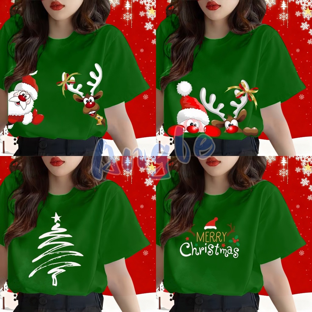 (จัดส่งตลอด 24 ชั่วโมง）Happy New Year & Merry Christmas OVERSIZE เสื้อยืด​ ทรงหลวม เสื้อคอกลม เสื้อยืดสีเขียว