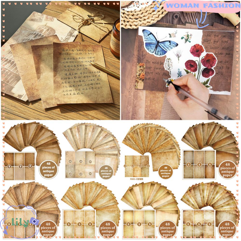 LILY 48PCS กระดาษเขียน, A4 สองด้านกระดาษตัวอักษร, Retro Craft DIY Scrapbooking สีน้ําตาลเครื่องเขียนสมุดภาพ