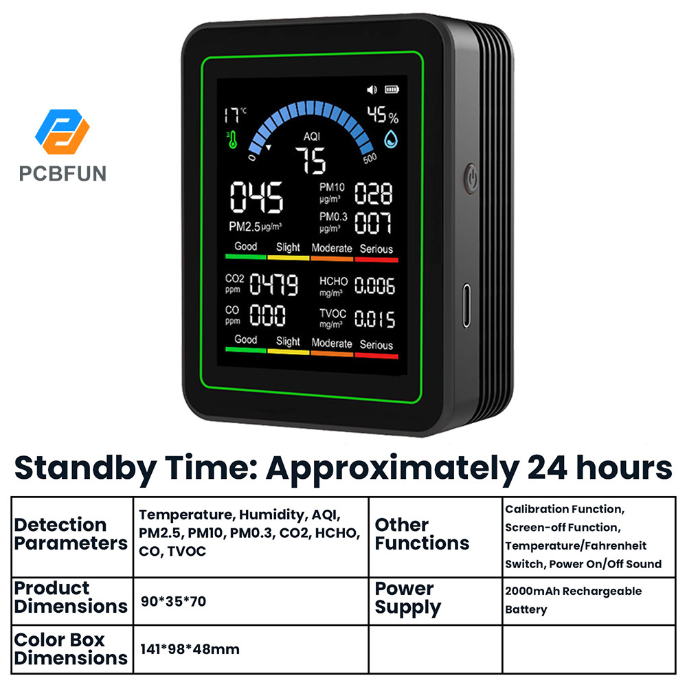 Pcbfun 10 in 1 คาร์บอนไดออกไซด์ Monitor PM0.3 PM1.0 PM2.5 PM10 เครื่องตรวจจับฟอร์มาลดีไฮด์อุณหภูมิและความชื้น CO2 เครื่องตรวจจับคุณภาพอากาศ