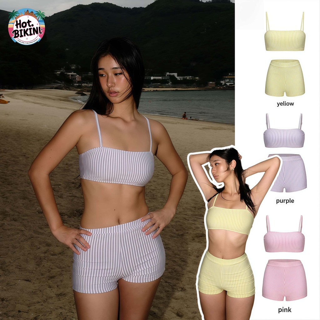 🩷Hot.Bikini🩷รุ่นใหม่ ชุดว่ายน้ำแฟชั่น เกาะอก+short 2 ชิ้น ชุดว่ายน้ำเซ็กซี่ stripe เอวสูง เปิดหลัง ส่งไวจากไทย