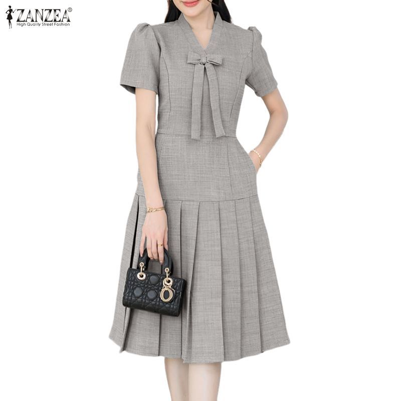ZANZEA ผู้หญิงสํานักงานเกาหลี Elegant V คอพัฟแขน Bowknot Decor จีบ Hem Dresses