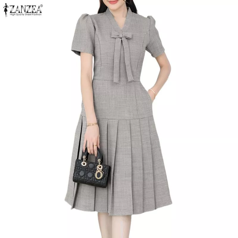 ZANZEA ผู้หญิงสํานักงานเกาหลี Elegant V คอพัฟแขน Bowknot Decor จีบ Hem Dresses