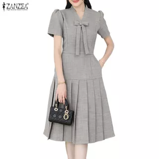 ZANZEA ผู้หญิงสํานักงานเกาหลี Elegant V คอพัฟแขน Bowknot Decor จีบ Hem Dresses