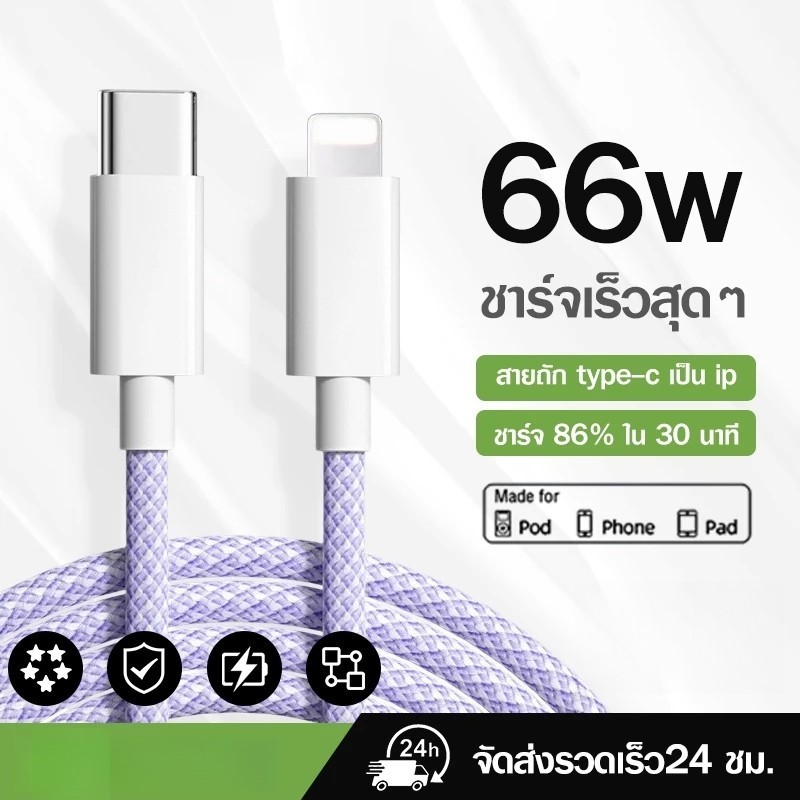 สายชาร์จสีอ่อน ชาร์จเร็ว ยาว 1/1.5/2 ม. Type-c เป็น IP