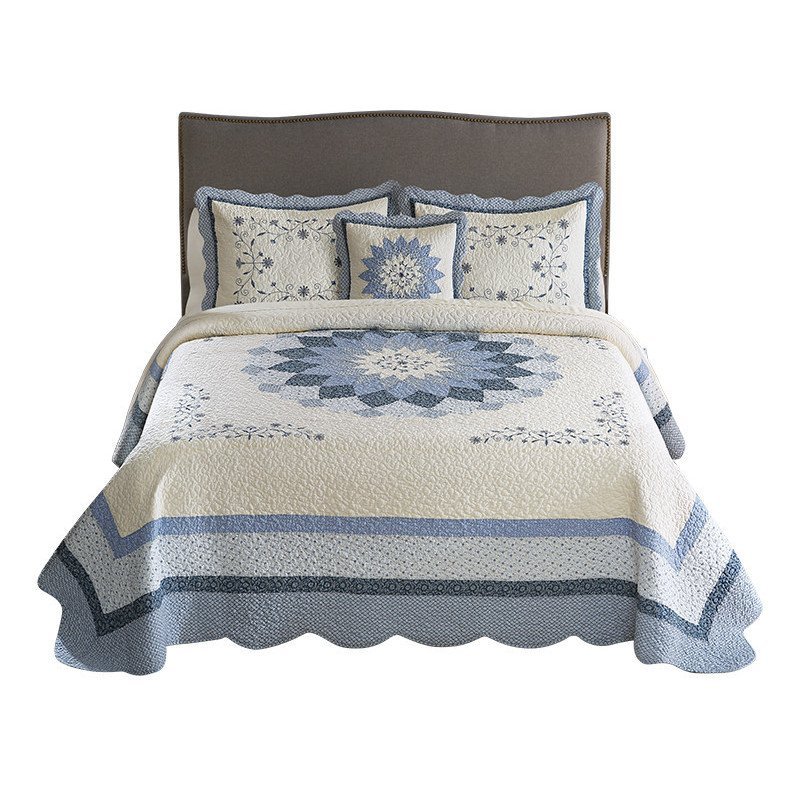 OQ5M กว้างผ้านวม Dahlia ปักผ้าฝ้ายแท้ Patchwork เตียงสีฟ้า Tatami สไตล์อเมริกันขนาดใหญ่พิเศษขายส่ง F