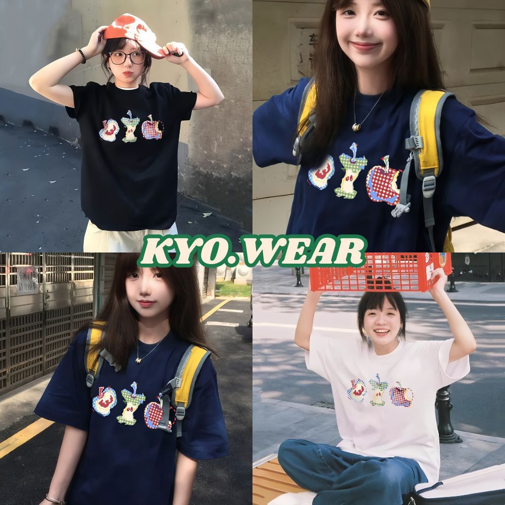 KYO 🍎【พร้อมส่ง】 เกาหลีสไตล์ เสื้อยืด ผู้หญิง พิมพ์ลาย "Three apples" ผ้าCOTTON โคตรนุ่ม OVERSIZE ส่งจากไทย