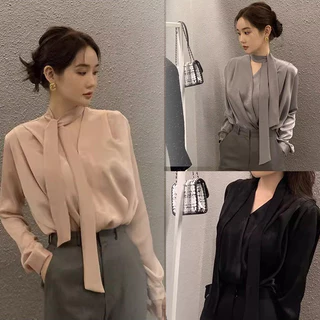 littlebee.shop ✨เสื้อเชิ้ตแขนยาวผ้าซาติน ริบบิ้น คอวี สไตล์ฝรั่งเศส แบบใหม่ เสื้อแฟชั่น#99238