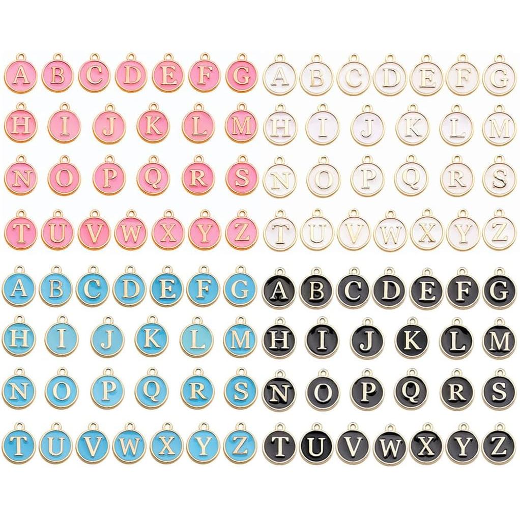 ตัวอักษร charms ย่อ AZ สองด้าน ตกแต่งตัวอักษร charm สำหรับทำเครื่องประดับ DIY (รวม 4 ชุด 104 ชิ้น)