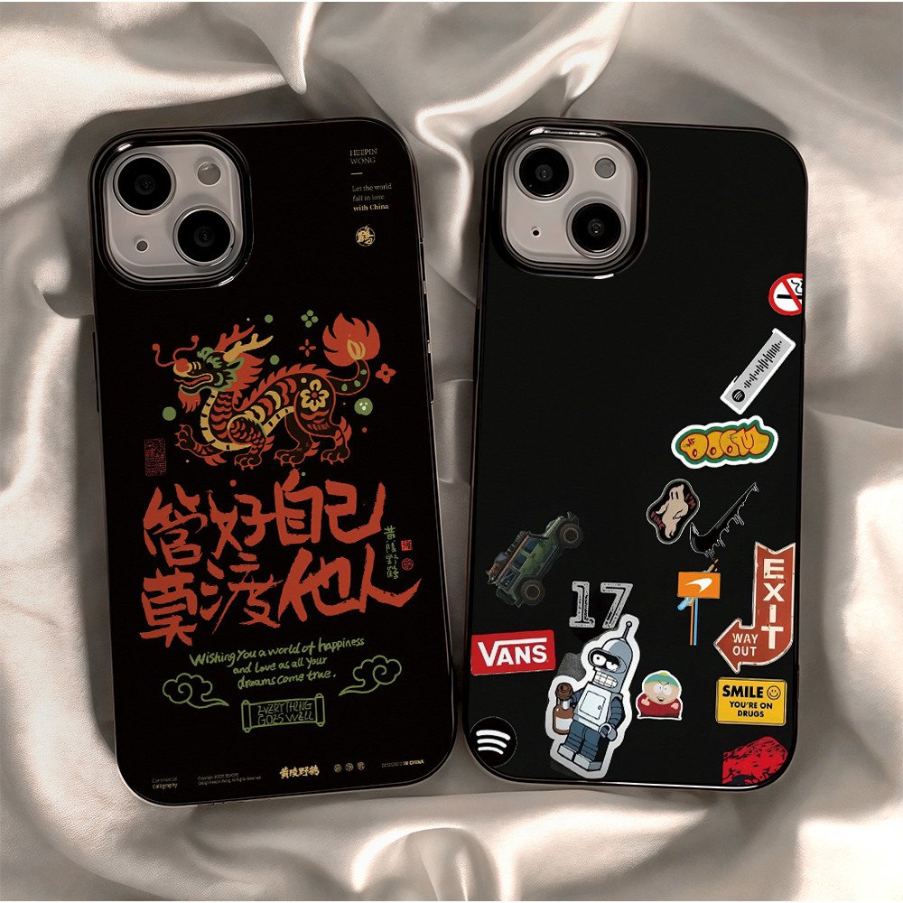 เคสโทรศัพท์สีดำเงาสไตล์แบรนด์ดังสุดเทรนด์ For iPhone 16 15 14 13 12 11 Pro Max 14 15 16 Plus Xr Xs Max 7 8 Plus SE 2020