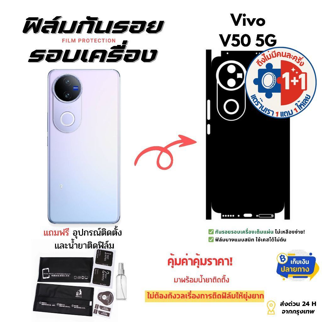 ฟิล์มกันรอยด้านหลังและขอบข้างสำหรับโทรศัพท์มือถือรุ่น Vivo V50 5G | ครอบคลุมรอบเครื่อง บางเฉียบ
