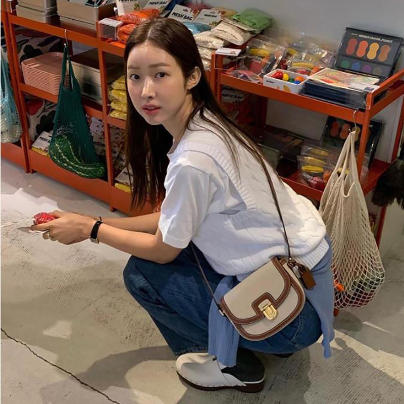 ฝรั่งเศส Direct Mail joy gryson หญิงกระเป๋าเกาหลี So Hee ผ้าใบ Cowhide อานกระเป๋าการจับคู่สีไหล่ Mes