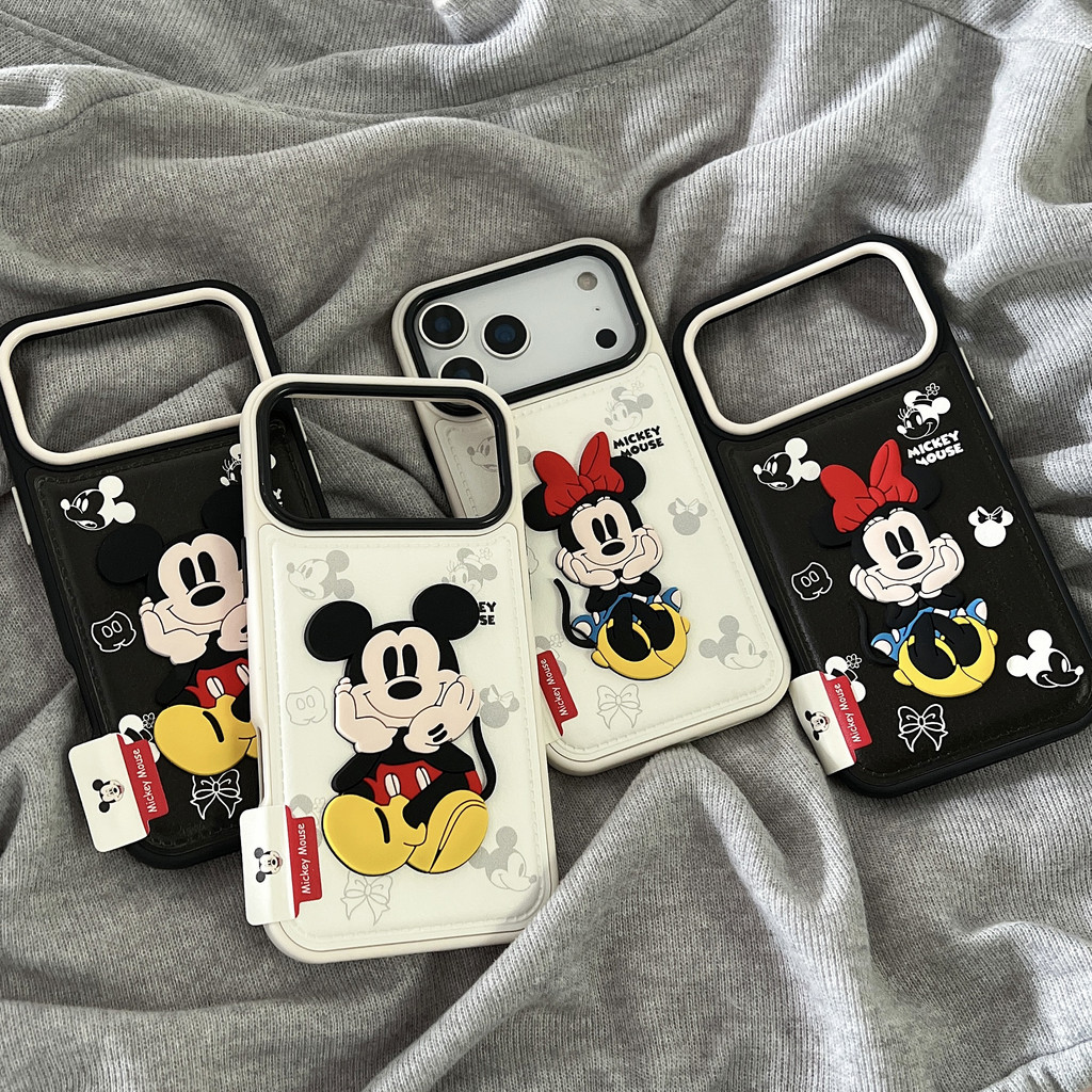 ฝาหลังสําหรับ IPhone 13 14 15 16 Pro Max 17 Pro กรณี Disney Mickey Minnie Mouse Pu หนัง Hard Pc กันกระแทกเคสโทรศัพท์