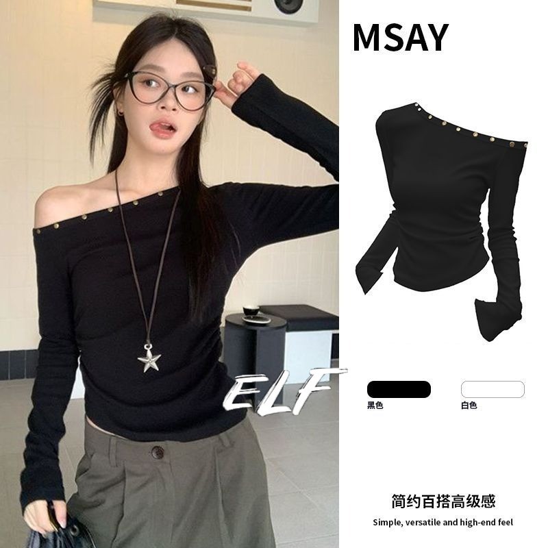 เสื้อยืดสีดำแขนยาวเปิดไหล่ สำหรับฤดูใบไม้ร่วง