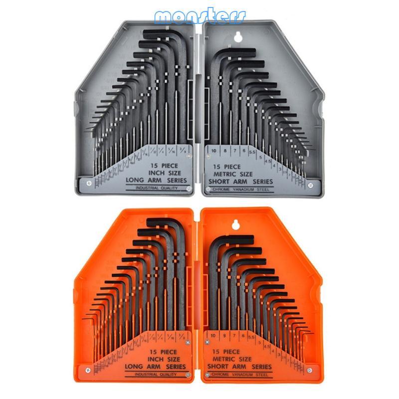 Mon 30 ชิ้น Premium Hex สําหรับ Key Allen ชุดประแจ SAE และเมตริก Assortment L รูปร่าง 0 0283-3 8 นิ้