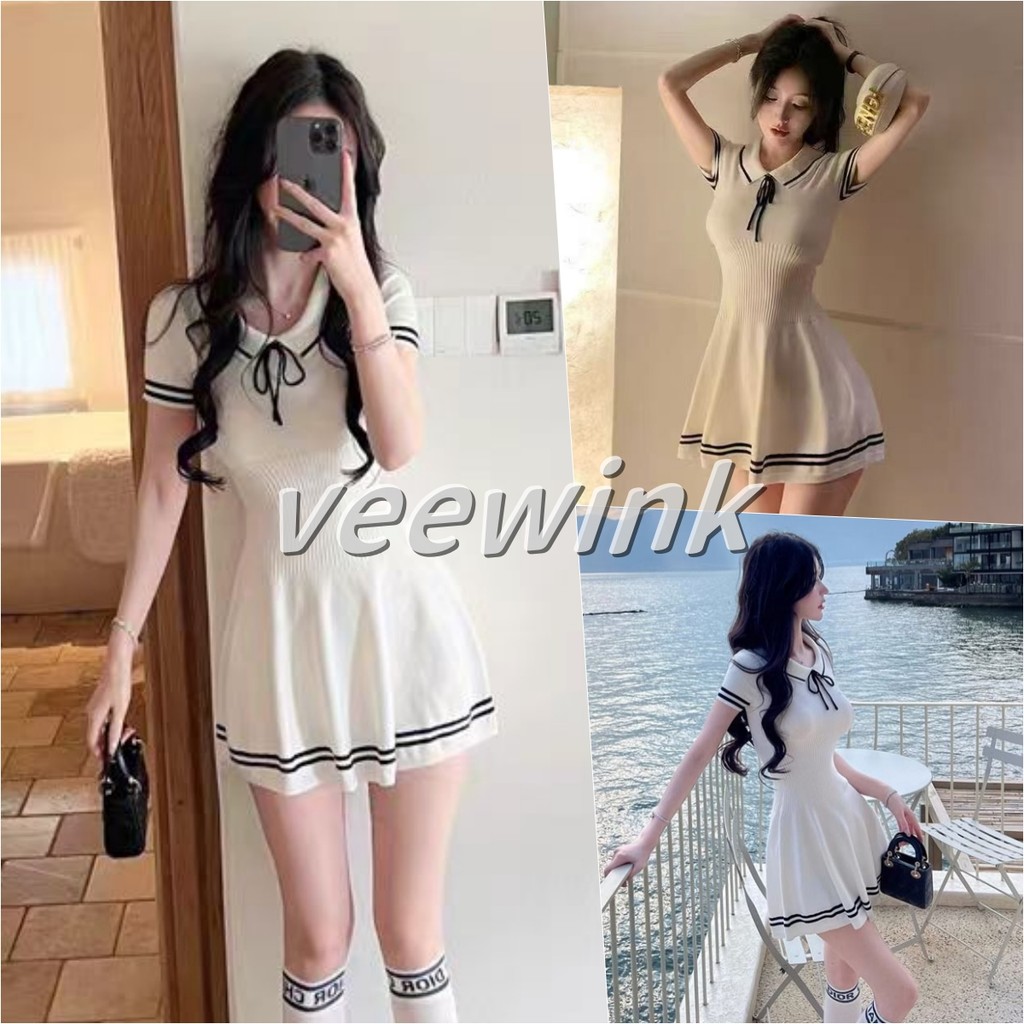 Veewink ชุดเดรสสไตล์นักเรียน เสื้อถักสีขาว คอโปโล เอวสูง กระชับเอว เนื้อผ้านุ่ม