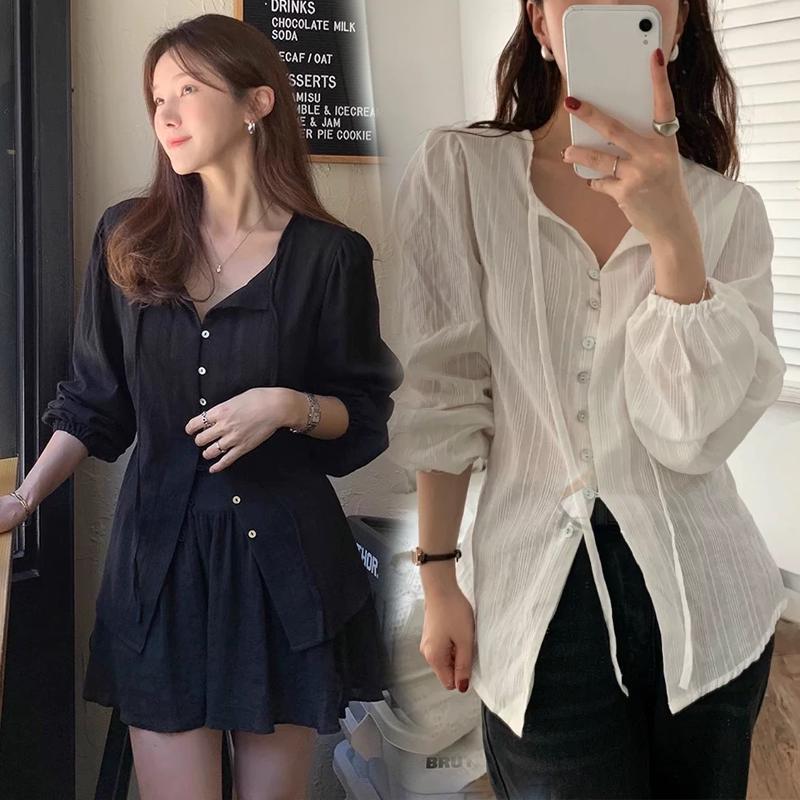 Dahong 💖  เสื้อเชิ้ตแขนยาวคอวี ทรงหลวม สไตล์เกาหลี แฟชั่นสำหรับผู้หญิง แขนยาว เรียบหรู อลังการ ใส่ ทำงาน เนื้อผ้าสวยW679