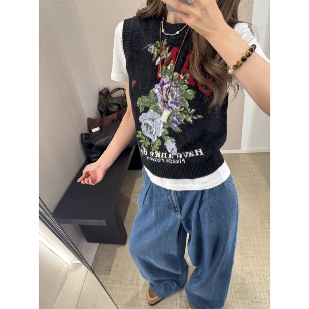 EUS6 GAN * 25 ฤดูใบไม้ร่วงฤดูหนาวสไตล์ใหม่ดอกไม้รูปแบบตัวอักษรรอบคอหลวมขนสัตว์ผสมเสื้อสวมหัวเสื้อกั๊