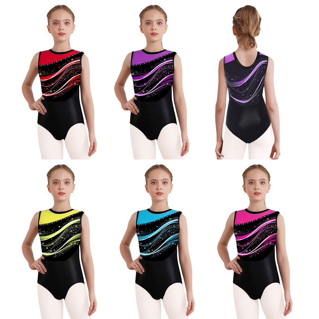 Yeahdor เด็กสาวสไตล์พิมพ์ยิมนาสติกเต้นรํา Leotard รอบคอแขนกุด Patchwork บอดี้สูทสําหรับสเก็ต Acrobactics Stage Performance