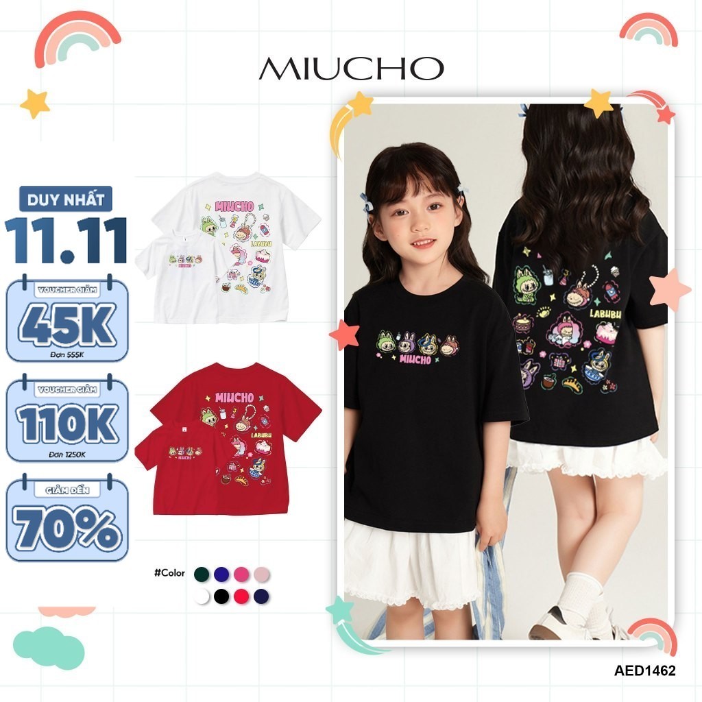 เสื้อยืดเด็กผู้หญิง labubu น่ารักหลายสี AED1462 Miucho Kid ผ้าคอตตอนเท่ๆ คอกลม พิมพ์ลายผสม