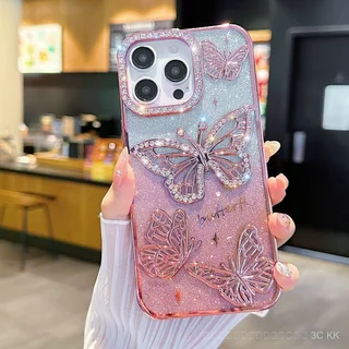 กันกระแทก iPhone ลายผีเสื้อปะดับคริสตัลทรงนูน พื้นผิวสีเงินแวววาว สำหรับ 17/15/14/13 Pro Max/Plus