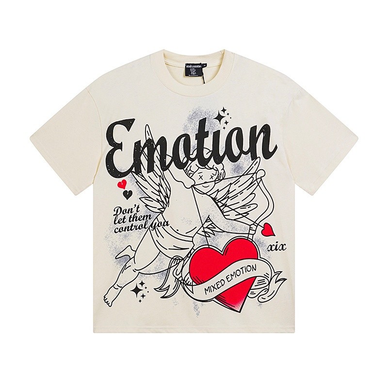 เสื้อยืดวินเทจสีเบจ พิมพ์ลายหัวใจคิวبيد อินเทรนด์ เนื้อผ้าสบาย สำหรับสไตล์การแต่งตัวแบบส่วนตัว – โปรปัง