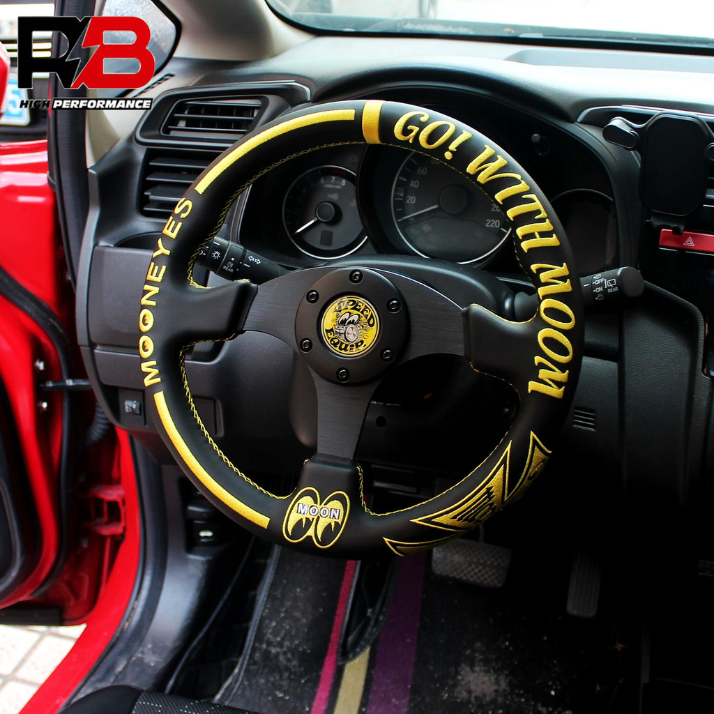 พวงมาลัย Mooneyes Racing Universal 13 นิ้วเย็บปักถักร้อยสไตล์ Race กีฬาพวงมาลัยแบน