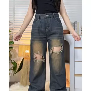 K JEANS กางเกงยีนส์สาวอวบกระบอกลิซ่า (แต่งขาดสีอ่อน แนะนำเผื่อ 1 ไซต์)สีสนิมรหัส 858#แต่งขาด ไซต์ 2XL-6XL เอว32-42