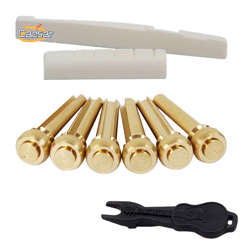 caesarA8Acostic Guitar String End Bridge Saddle Abalone Pins ชุดทดแทน (หมุดทองเหลืองและอานกระดูก)