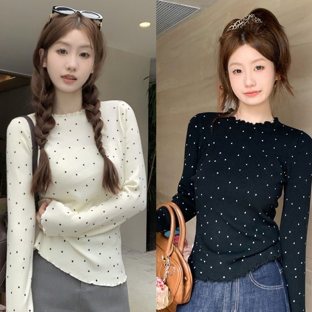 เสื้อเชิ้ตแขนยาวจีบลายจุดสไตล์เกาหลีสำหรับผู้หญิงฤดูใบไม้ร่วง