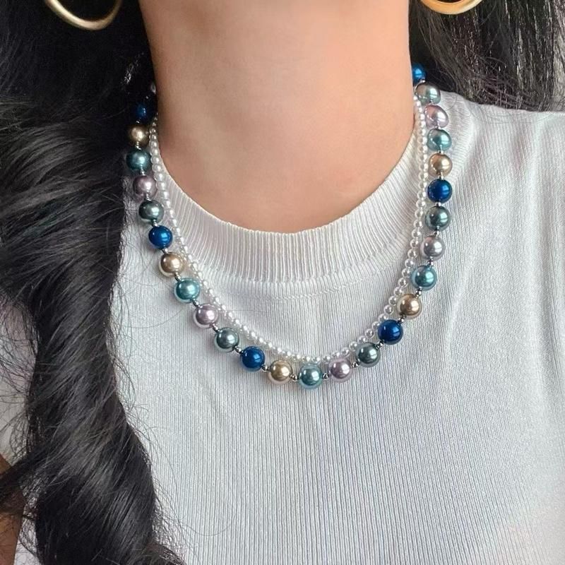 สร้อยคอหยก N1159 พร้อมหัวเข็มขัดแม่เหล็กคู่สร้อยคอมุกเทียมพร้อมหินครีมสีม่วงใบป็อปลาร์สีฟ้าโคบอลต์แล