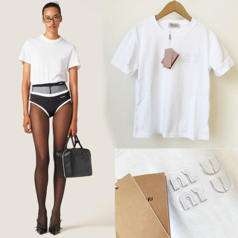 J7UO M*iu Super Versatile Patch Letter Embroidery Logo T Loose Casual Women's T-shirt T Shirt Top