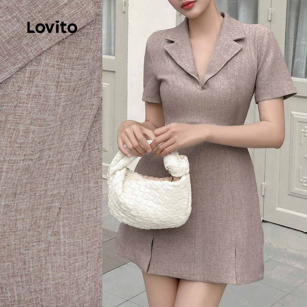 Lovito เส้นโครงสร้างธรรมดาหรูหราแยกด้านหน้าชุดสีกากีฤดูใบไม้ผลิฤดูร้อนที่เรียบง่ายสําหรับผู้หญิง L135ED198