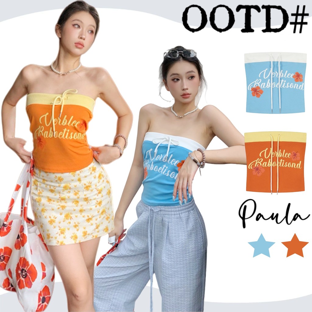 Paula พร้อมส่ง️🌴เสื้อเกาะอก🌴เข้ารูป เเต่งเข็มขัดใหญ่อกแฟชั่นสไตล์คาวาอี้ ใส่ไปทะเล แต่งตัวไปเที่ยว รัดเอว  เซ็กซี่