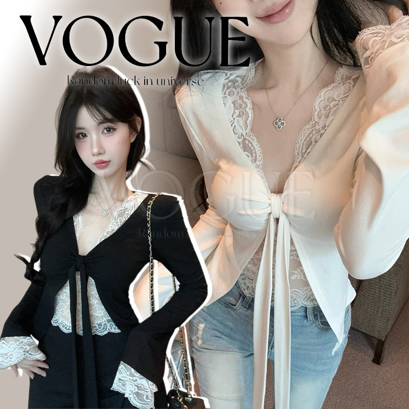 Vogue🌟พร้อมส่ง🌟 เสื้อแขนยาว คอวี ดีทเลแต่งลูกไม้ผูกโบว์สไตล์เกาหลี (FY2998)