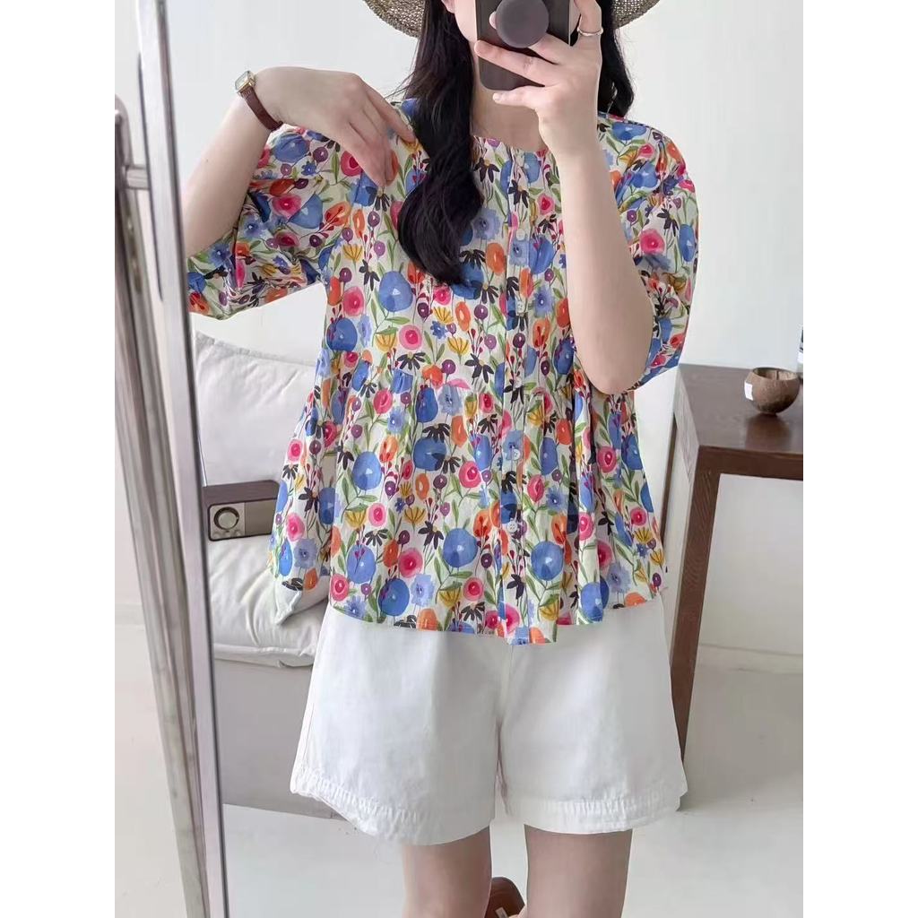 เสื้อผ้าคนหญิงในสไตล์ศิลปะฝรั่งเศส ทำจากผ้าฝ้ายบริสุทธิ์ ดีไซน์แบบฟองอากาศและระบายไหล่ครึ่ง รหัส: 10