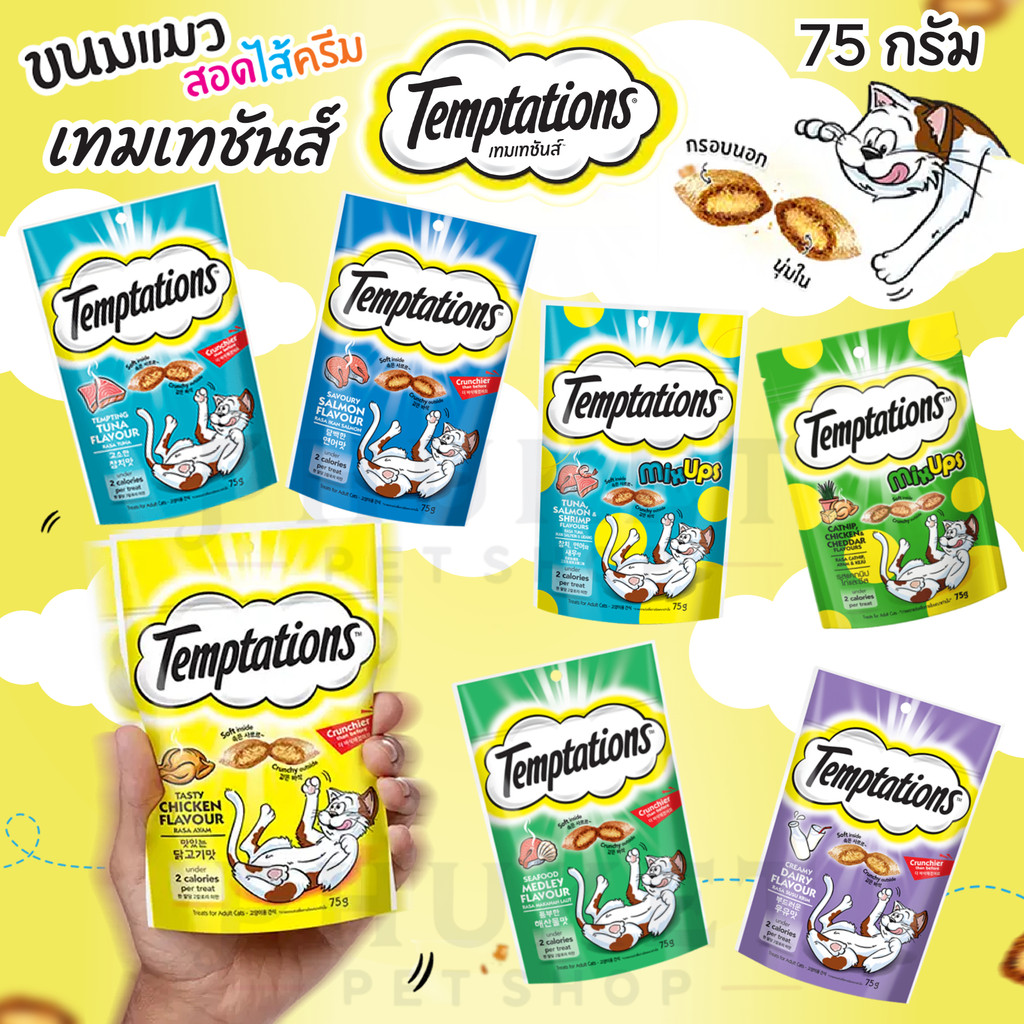 Temptations เทมเทชันส์ ขนมแมว พ็อกเก็ตสอดไส้ กรอบนอกนุ่มใน 7 รสชาติ ขนาด 75 กรัม
