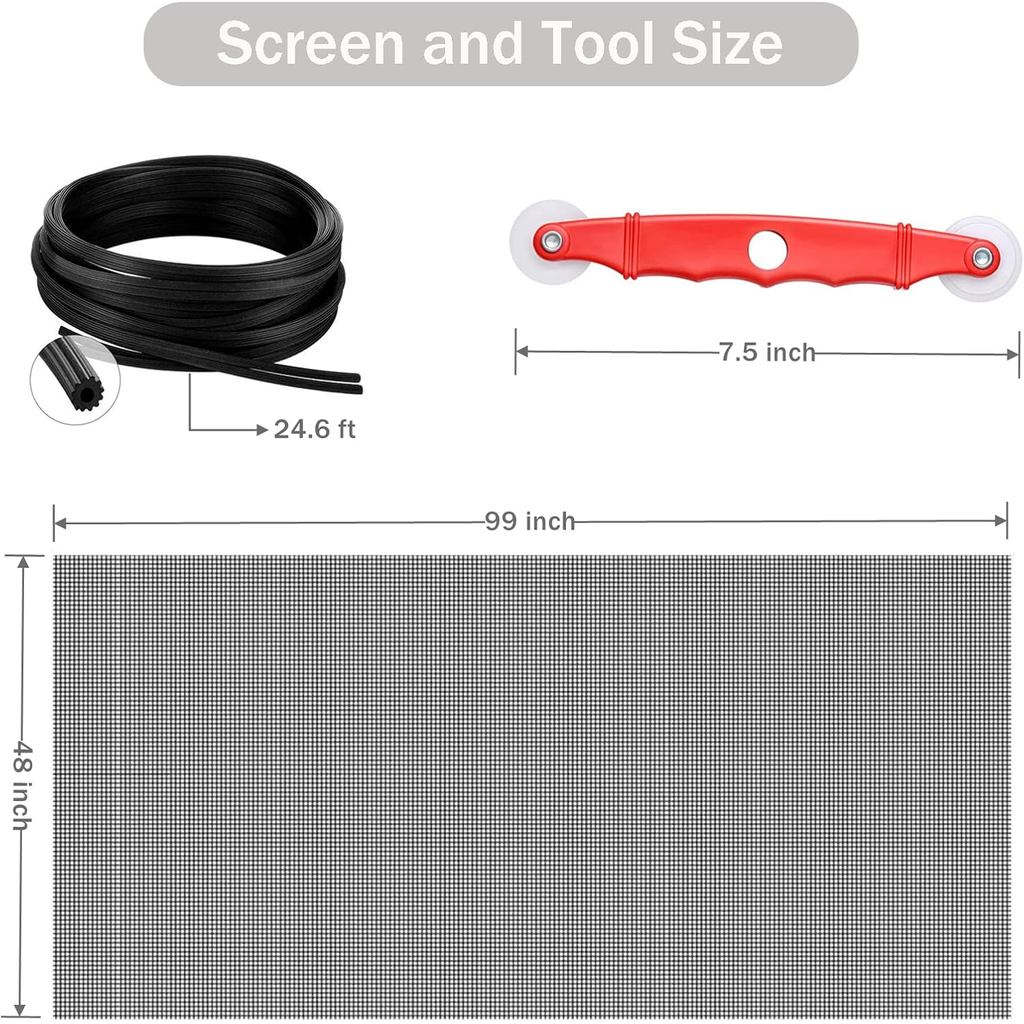 Window Screen Replacement Kit, 48'' x 99'' Fiberglass Screen Mesh with Rolling Tool and Screen Retai